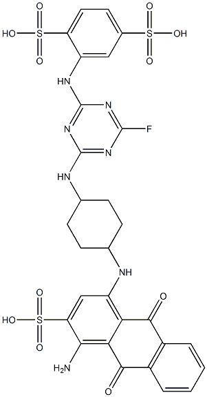 2-[[4-[[4-[[(4-Amino-9,10-dihydro-9,10-dioxo-3-sulfoanthracen)-1-yl]amino]cyclohexyl]amino]-6-fluoro-1,3,5-triazin-2-yl]amino]-1,4-benzenedisulfonic acid Struktur