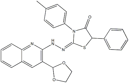 2-[2-[3-(1,3-Dioxolane-2-yl)quinoline-2-yl]hydrazono]-3-(4-methylphenyl)-5-phenylthiazolidine-4-one Struktur