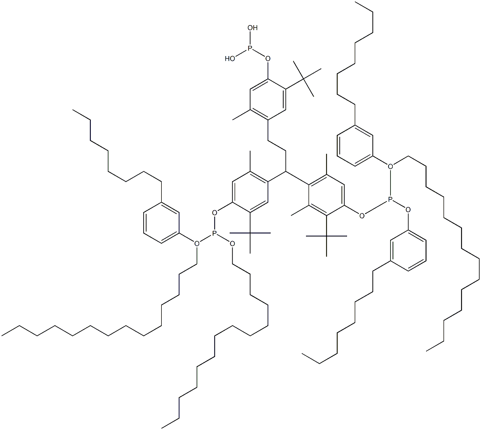 [3-Methyl-1,1,3-propanetriyltris(2-tert-butyl-5-methyl-4,1-phenyleneoxy)]tris(phosphonous acid)O,O',O''-tritetradecyl O,O',O''-tris(3-octylphenyl) ester Struktur