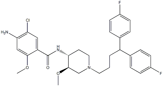 N-[(3R,4R)-3-Methoxy-1-[4,4-bis(4-fluorophenyl)butyl]piperidin-4-yl]-4-amino-5-chloro-2-methoxybenzamide Struktur