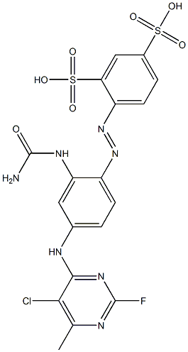 4-[[2-[(Aminocarbonyl)amino]-4-[(5-chloro-2-fluoro-6-methylpyrimidin-4-yl)amino]phenyl]azo]-1,3-benzenedisulfonic acid Struktur