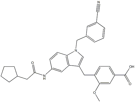 4-[5-Cyclopentylacetylamino-1-(3-cyanobenzyl)-1H-indol-3-ylmethyl]-3-methoxybenzoic acid Struktur