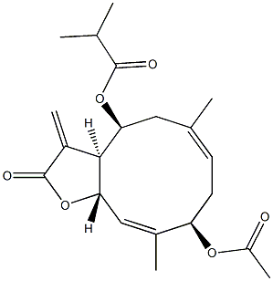 2-Methylpropionic acid [(3aS,4S,6E,9R,10Z,11aS)-9-acetoxy-2,3,3a,4,5,8,9,11a-octahydro-6,10-dimethyl-3-methylene-2-oxocyclodeca[b]furan-4-yl] ester Struktur