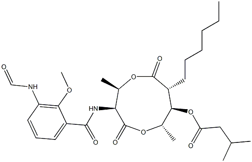 3-Methylbutanoic acid (3S,4R,7R,8R,9S)-3-[(3-formylamino-2-methoxybenzoyl)amino]-4,9-dimethyl-2,6-dioxo-7-hexyl-1,5-dioxonan-8-yl ester Struktur