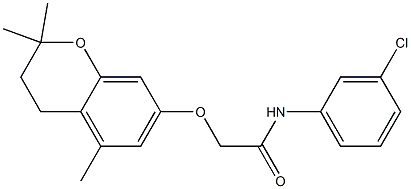 3,4-Dihydro-2,2-dimethyl-5-methyl-7-[N-(3-chlorophenyl)carbamoylmethoxy]-2H-1-benzopyran Struktur