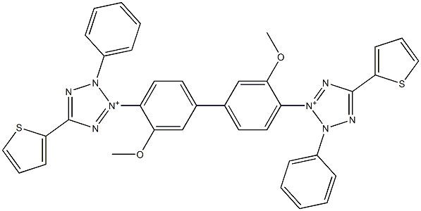 3,3'-(3,3'-Dimethoxy-1,1'-biphenyl-4,4'-diyl)bis[5-(2-thienyl)-2-phenyl-2H-tetrazol-3-ium] Struktur