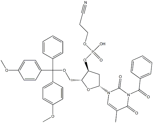 5'-O-[Bis(4-methoxyphenyl)(phenyl)methyl]-3-benzoylthymidine 3'-phosphoric acid (2-cyanoethyl) ester Struktur