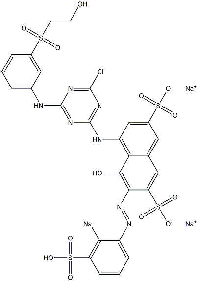 5-Hydroxy-4-[[4-chloro-6-[3-[(2-hydroxyethyl)sulfonyl]anilino]-1,3,5-triazin-2-yl]amino]-6-[(2-sodiosulfophenyl)azo]-2,7-naphthalenedisulfonic acid disodium salt Struktur