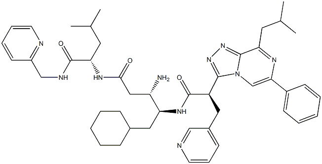 (2S)-2-[[(3S,4S)-3-Amino-5-cyclohexyl-4-[[(2R)-2-(8-isobutyl-6-phenyl-1,2,4-triazolo[4,3-a]pyrazin-3-yl)-3-(3-pyridinyl)propanoyl]amino]pentanoyl]amino]-4-methyl-N-(2-pyridinylmethyl)valeramide Struktur