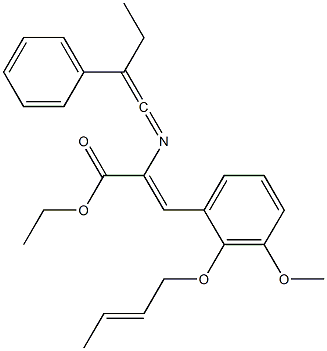 (Z)-2-[[2-(Phenyl)-2-ethylethenylidene]amino]-3-[3-methoxy-2-[[(E)-2-butenyl]oxy]phenyl]acrylic acid ethyl ester Struktur