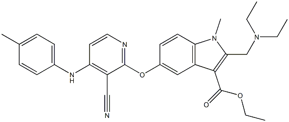 1-Methyl-2-[(diethylamino)methyl]-5-[3-cyano-4-[(4-methylphenyl)amino]pyridin-2-yloxy]-1H-indole-3-carboxylic acid ethyl ester Struktur