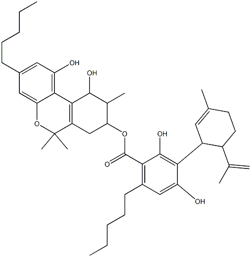 2,4-Dihydroxy-3-(3-methyl-6-isopropenyl-2-cyclohexenyl)-6-pentylbenzoic acid 7,8,9,10-tetrahydro-6,6,9-trimethyl-3-pentyl-1,10-dihydroxy-6H-dibenzo[b,d]pyran-8-yl ester Struktur