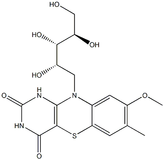 7-Methyl-8-methoxy-10-[(2S,3S,4R)-2,3,4,5-tetrahydroxypentyl]-1H-pyrimido[5,4-b][1,4]benzothiazine-2,4(3H,10H)-dione Struktur