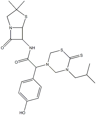 7-Oxo-3,3-dimethyl-6-[[[(tetrahydro-2-thioxo-3-(2-methylpropyl)-2H-1,3,5-thiadiazin)-5-yl](4-hydroxyphenyl)acetyl]amino]-4-thia-1-azabicyclo[3.2.0]heptane Struktur