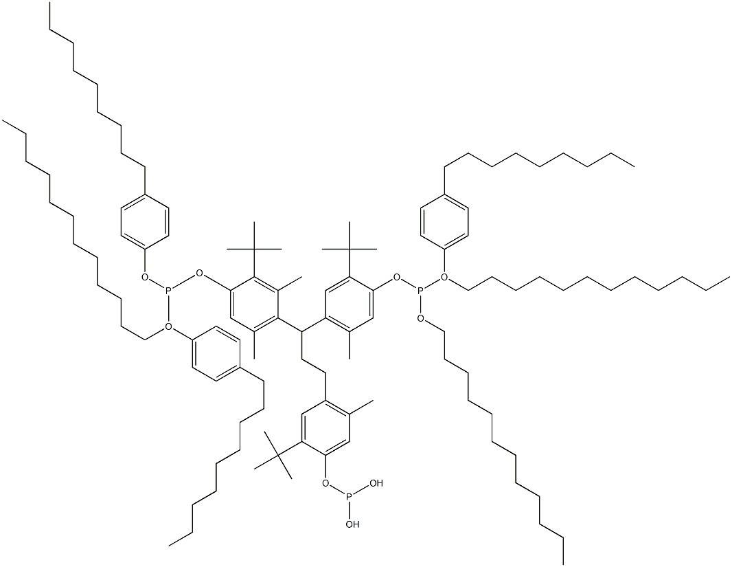 [3-Methyl-1,1,3-propanetriyltris(2-tert-butyl-5-methyl-4,1-phenyleneoxy)]tris(phosphonous acid)O,O',O''-tridodecyl O,O',O''-tris(4-nonylphenyl) ester Struktur