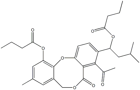 Butyric acid 4-acetyl-3-[1-(butyryloxy)-3-methylbutyl]-9-methyl-5-oxo-5H,7H-dibenzo[b,g][1,5]dioxocin-11-yl ester Struktur