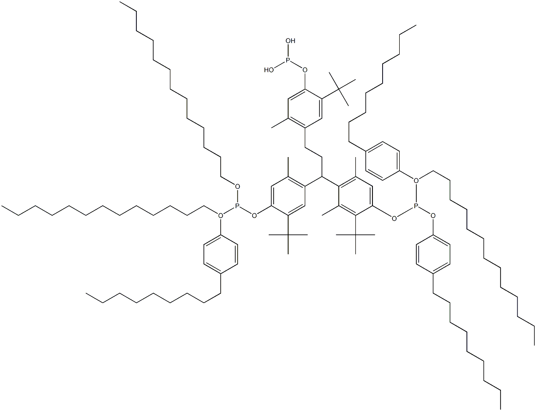 [3-Methyl-1,1,3-propanetriyltris(2-tert-butyl-5-methyl-4,1-phenyleneoxy)]tris(phosphonous acid)O,O',O''-tritridecyl O,O',O''-tris(4-nonylphenyl) ester Struktur