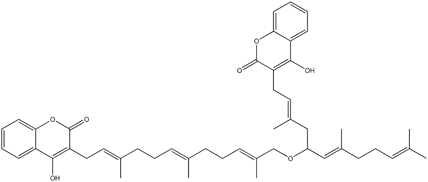 4-Hydroxy-3-[(2E,6E)-3,7,11-trimethyl-12-[(E)-3,7-dimethyl-1-[(2E)-2-methyl-4-(4-hydroxy-2-oxo-2H-1-benzopyran-3-yl)-2-butenyl]-2,6-octadienyloxy]-2,6,10-dodecatrienyl]-2H-1-benzopyran-2-one Struktur