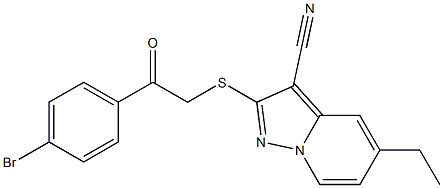 2-[[(4-Bromophenylcarbonyl)methyl]thio]-5-ethyl-pyrazolo[1,5-a]pyridine-3-carbonitrile Struktur