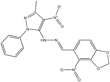 1-(1-Phenyl-3-methyl-4-nitro-1H-pyrazol-5-yl)-2-[2-nitro-3,4-(methylenedioxy)benzylidene]hydrazine Struktur