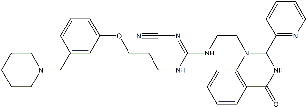 1-[2-[2-Cyano-3-[3-(3-piperidinomethylphenoxy)propyl]guanidino]ethyl]-2-(2-pyridinyl)-1,2-dihydroquinazolin-4(3H)-one Struktur