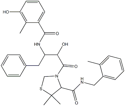 N-(2-methylbenzyl)-3-(2-hydroxy-3-(3-hydroxy-2-methylbenzoyl)amino-4-phenylbutanoyl)-5,5-dimethyl-1,3-thiazolidine-4-carboxamide Struktur