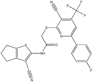 N-(3-cyano-5,6-dihydro-4H-cyclopenta[b]thiophen-2-yl)-2-{[3-cyano-6-(4-fluorophenyl)-4-(trifluoromethyl)-2-pyridinyl]sulfanyl}acetamide Struktur