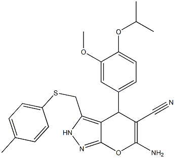 6-amino-4-(4-isopropoxy-3-methoxyphenyl)-3-{[(4-methylphenyl)sulfanyl]methyl}-2,4-dihydropyrano[2,3-c]pyrazole-5-carbonitrile Struktur