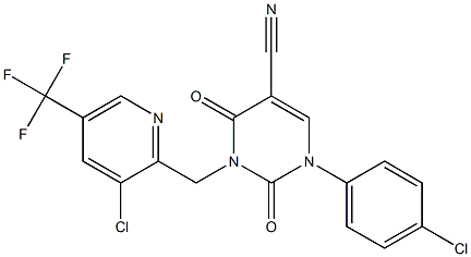 1-(4-chlorophenyl)-3-{[3-chloro-5-(trifluoromethyl)-2-pyridinyl]methyl}-2,4-dioxo-1,2,3,4-tetrahydro-5-pyrimidinecarbonitrile Struktur