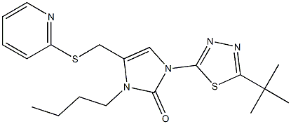 3-butyl-1-[5-(tert-butyl)-1,3,4-thiadiazol-2-yl]-4-[(2-pyridylthio)methyl]-2,3-dihydro-1H-imidazol-2-one Struktur