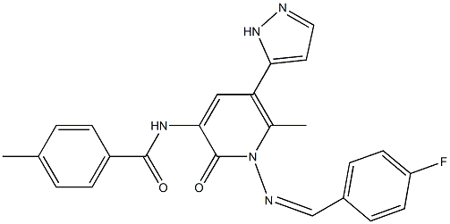 N-[1-{[(Z)-(4-fluorophenyl)methylidene]amino}-6-methyl-2-oxo-5-(1H-pyrazol-5-yl)-1,2-dihydro-3-pyridinyl]-4-methylbenzenecarboxamide Struktur