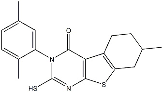 3-(2,5-Dimethyl-phenyl)-2-mercapto-7-methyl-5,6,7,8-tetrahydro-3H-benzo[4,5]thieno[2,3-d]pyrimidin-4-one Struktur