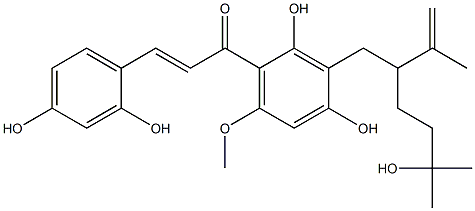 (E)-1-[2,4-dihydroxy-3-(5-hydroxy-5-methyl-2-prop-1-en-2-yl-hexyl)-6-methoxy-phenyl]-3-(2,4-dihydroxyphenyl)prop-2-en-1-one Struktur