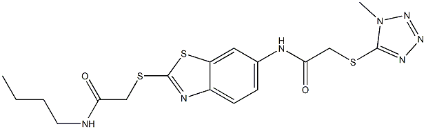 N-(2-{[2-(butylamino)-2-oxoethyl]sulfanyl}-1,3-benzothiazol-6-yl)-2-[(1-methyl-1H-tetraazol-5-yl)sulfanyl]acetamide Struktur