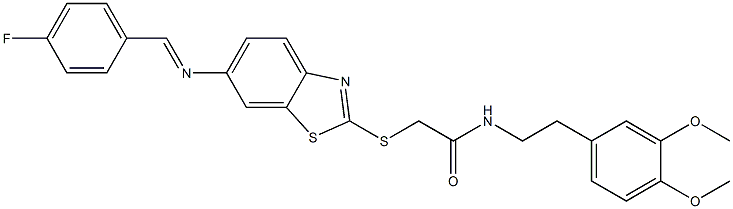 N-[2-(3,4-dimethoxyphenyl)ethyl]-2-({6-[(4-fluorobenzylidene)amino]-1,3-benzothiazol-2-yl}sulfanyl)acetamide Struktur