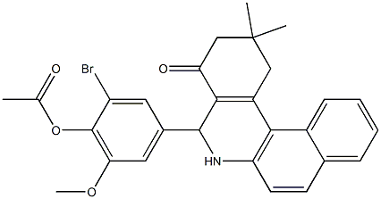 2-bromo-4-(2,2-dimethyl-4-oxo-1,2,3,4,5,6-hexahydrobenzo[a]phenanthridin-5-yl)-6-methoxyphenyl acetate Struktur