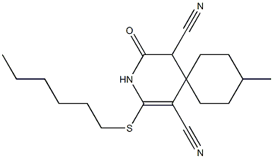 2-(hexylsulfanyl)-9-methyl-4-oxo-3-azaspiro[5.5]undec-1-ene-1,5-dicarbonitrile Struktur