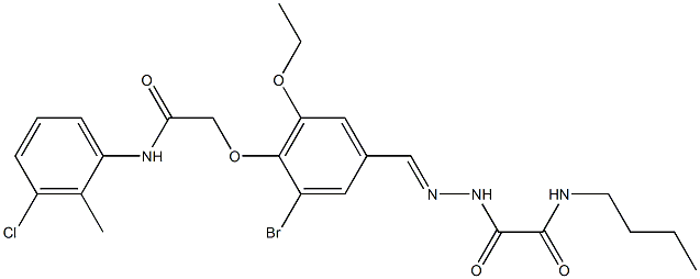 2-(2-{3-bromo-4-[2-(3-chloro-2-methylanilino)-2-oxoethoxy]-5-ethoxybenzylidene}hydrazino)-N-butyl-2-oxoacetamide Struktur