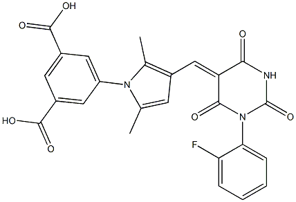 5-{3-[(1-(2-fluorophenyl)-2,4,6-trioxotetrahydro-5(2H)-pyrimidinylidene)methyl]-2,5-dimethyl-1H-pyrrol-1-yl}isophthalic acid Struktur