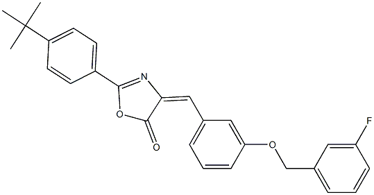 2-(4-tert-butylphenyl)-4-{3-[(3-fluorobenzyl)oxy]benzylidene}-1,3-oxazol-5(4H)-one Struktur