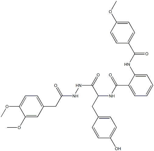 N-[2-{2-[(3,4-dimethoxyphenyl)acetyl]hydrazino}-1-(4-hydroxybenzyl)-2-oxoethyl]-2-[(4-methoxybenzoyl)amino]benzamide Struktur