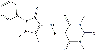 1,3-dimethyl-2,4,5,6(1H,3H)-pyrimidinetetrone 5-[(1,5-dimethyl-3-oxo-2-phenyl-2,3-dihydro-1H-pyrazol-4-yl)hydrazone] Struktur