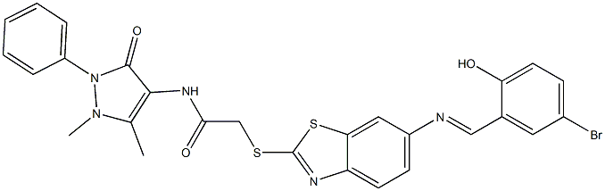 2-({6-[(5-bromo-2-hydroxybenzylidene)amino]-1,3-benzothiazol-2-yl}sulfanyl)-N-(1,5-dimethyl-3-oxo-2-phenyl-2,3-dihydro-1H-pyrazol-4-yl)acetamide Struktur