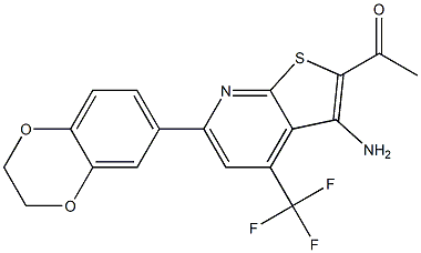 1-[3-amino-6-(2,3-dihydro-1,4-benzodioxin-6-yl)-4-(trifluoromethyl)thieno[2,3-b]pyridin-2-yl]ethanone Struktur