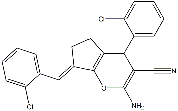 2-amino-7-(2-chlorobenzylidene)-4-(2-chlorophenyl)-4,5,6,7-tetrahydrocyclopenta[b]pyran-3-carbonitrile Struktur