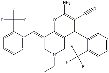 2-amino-6-ethyl-8-[2-(trifluoromethyl)benzylidene]-4-[2-(trifluoromethyl)phenyl]-5,6,7,8-tetrahydro-4H-pyrano[3,2-c]pyridine-3-carbonitrile Struktur