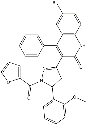 6-bromo-3-[1-(2-furoyl)-5-(2-methoxyphenyl)-4,5-dihydro-1H-pyrazol-3-yl]-4-phenyl-2(1H)-quinolinone Struktur