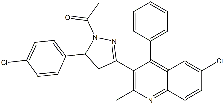 3-[1-acetyl-5-(4-chlorophenyl)-4,5-dihydro-1H-pyrazol-3-yl]-6-chloro-2-methyl-4-phenylquinoline Struktur