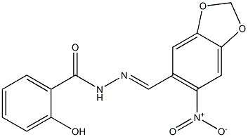 2-hydroxy-N'-[(E)-(6-nitro-1,3-benzodioxol-5-yl)methylidene]benzohydrazide Struktur