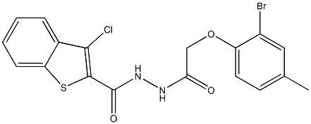 N'-[2-(2-bromo-4-methylphenoxy)acetyl]-3-chloro-1-benzothiophene-2-carbohydrazide Struktur